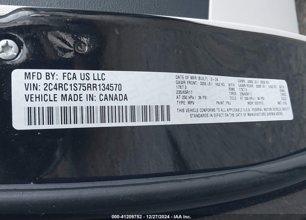 2024 CHRYSLER PACIFICA HYBRID SELECT VIN: 2C4RC1S75RR134570