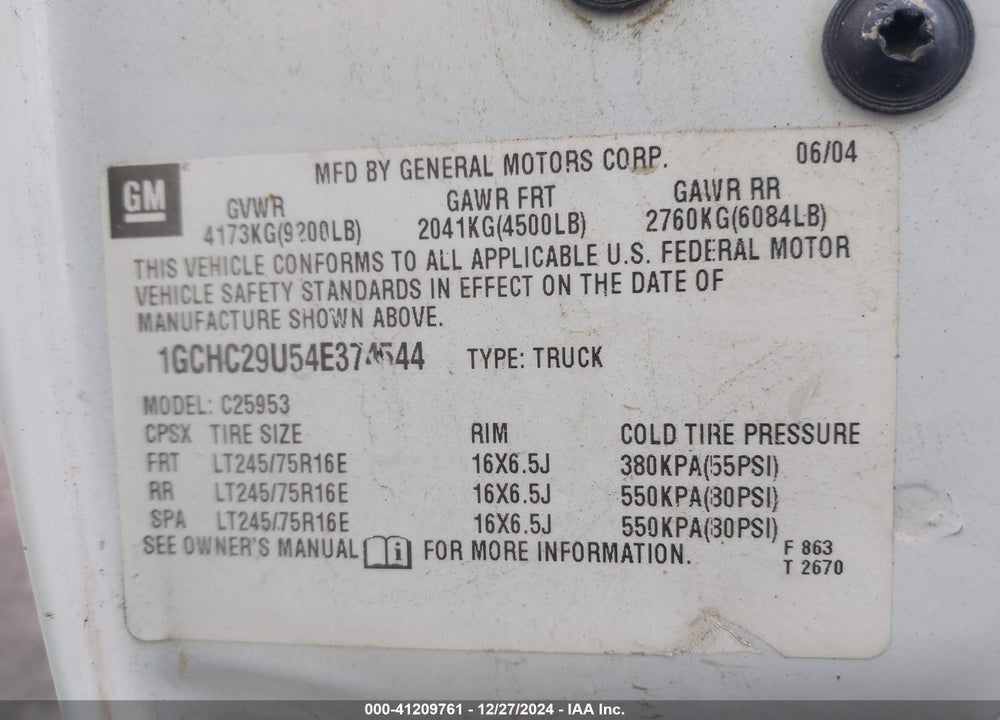 2004 CHEVROLET SILVERADO C2500 HEAVY DUTY VIN: 1GCHC29U54E374544