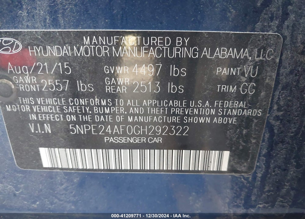 2016 HYUNDAI SONATA SE VIN: 5NPE24AF0GH292322
