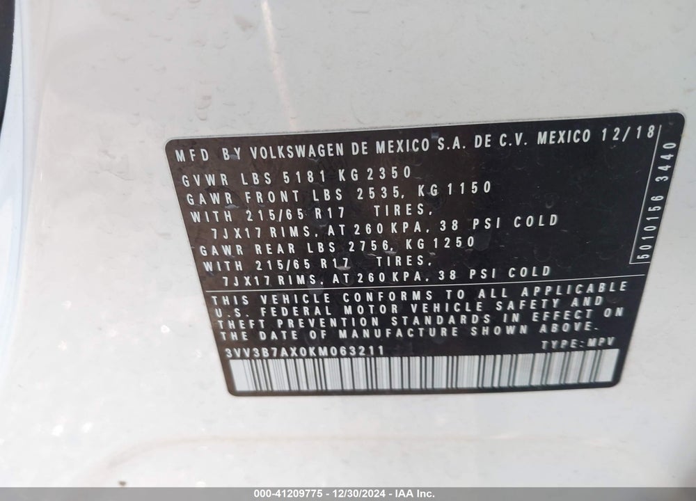 2019 VOLKSWAGEN TIGUAN SE/SEL/SEL R-LINE JET-BLACK/SEL R-LINE VIN: 3VV3B7AX0KM063211