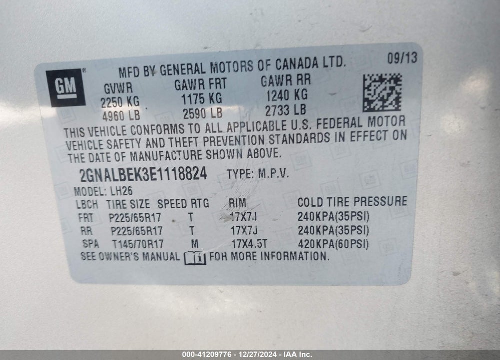 2014 CHEVROLET EQUINOX 1LT VIN: 2GNALBEK3E1118824