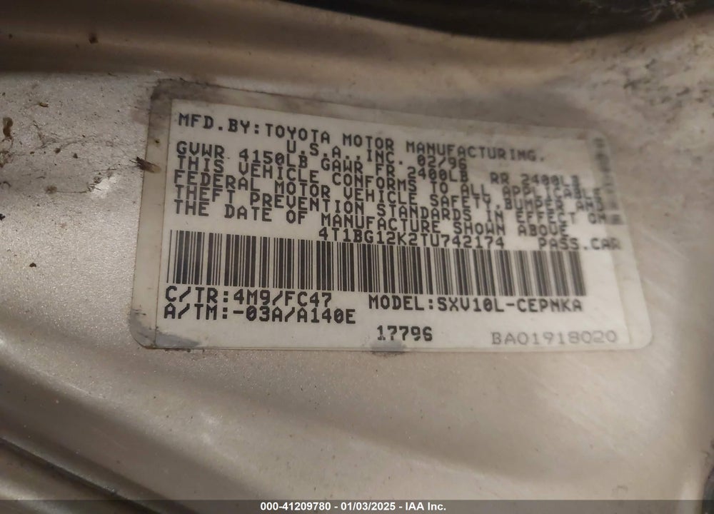 1996 TOYOTA CAMRY DX/LE/XLE VIN: 4T1BG12K2TU742174