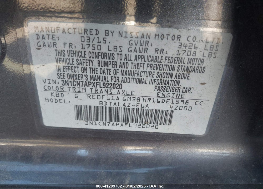 2015 NISSAN VERSA S/S PLUS/SV/SL VIN: 3N1CN7APXFL922020