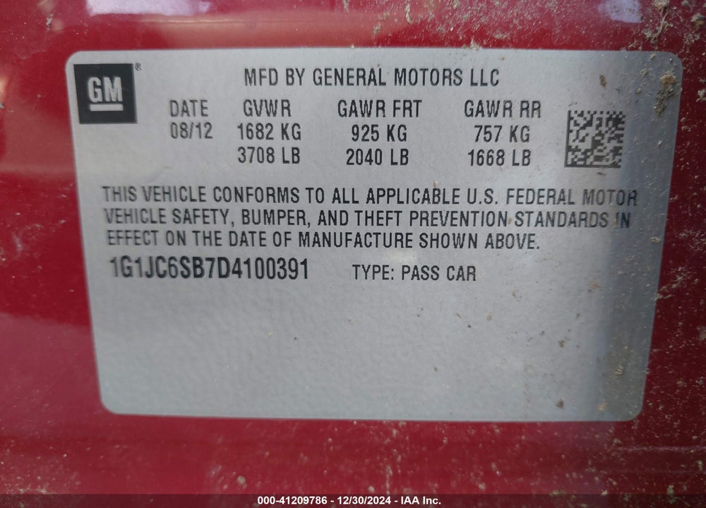 2013 CHEVROLET SONIC LT VIN: 1G1JC6SB7D4100391