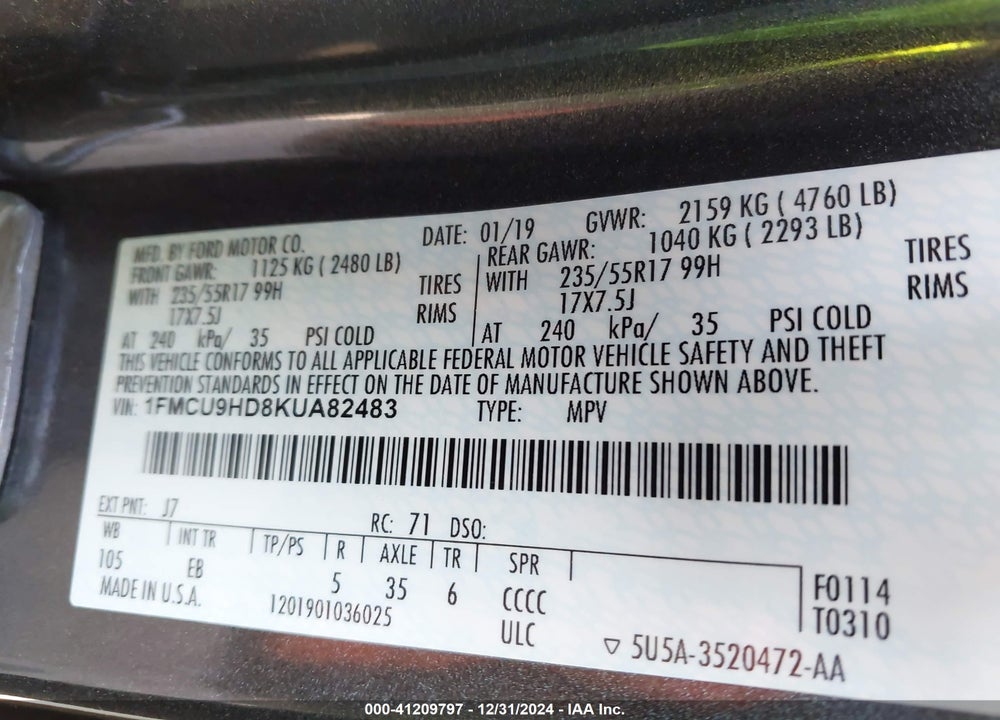 2019 FORD ESCAPE SEL VIN: 1FMCU9HD8KUA82483