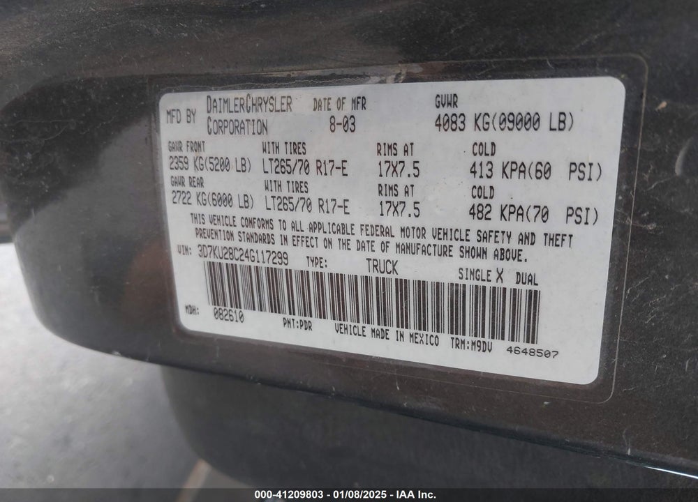 2004 DODGE RAM 2500 ST/SLT VIN: 3D7KU28C24G117299