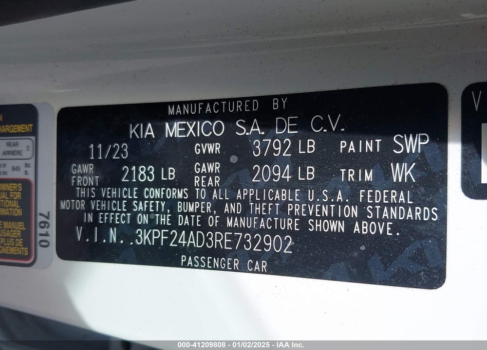 2024 KIA FORTE LX/LXS VIN: 3KPF24AD3RE732902