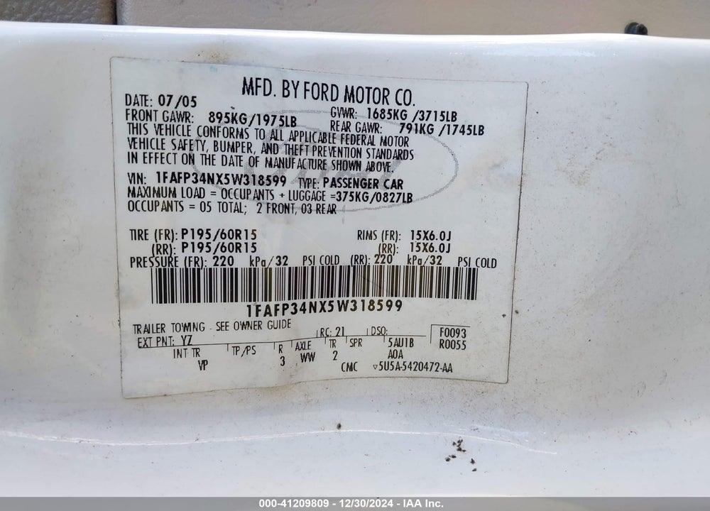 2005 FORD FOCUS ZX4 VIN: 1FAFP34NX5W318599