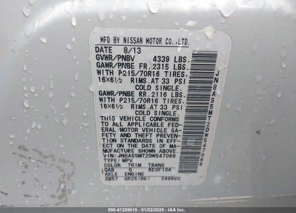 2013 NISSAN ROGUE S/SV VIN: JN8AS5MT2DW547066