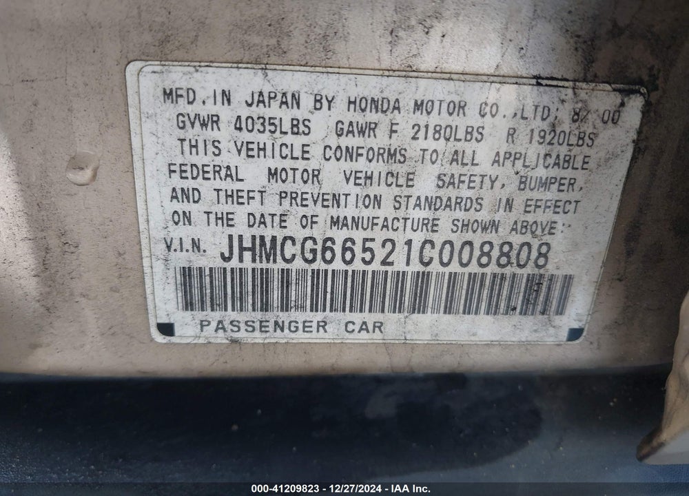2001 HONDA ACCORD LX VIN: JHMCG66521C008808