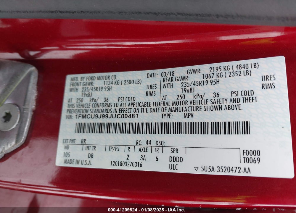 2018 FORD ESCAPE TITANIUM VIN: 1FMCU9J99JUC00481