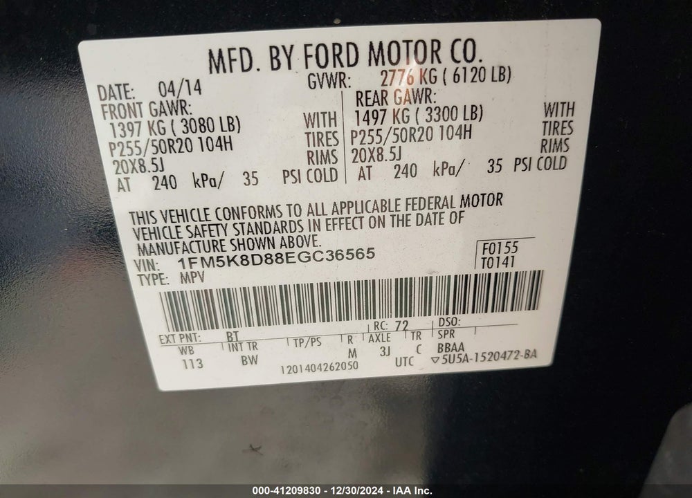 2014 FORD EXPLORER XLT VIN: 1FM5K8D88EGC36565