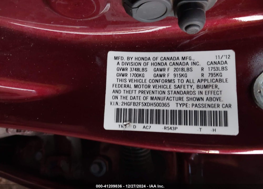 2013 HONDA CIVIC LX VIN: 2HGFB2F5XDH500365