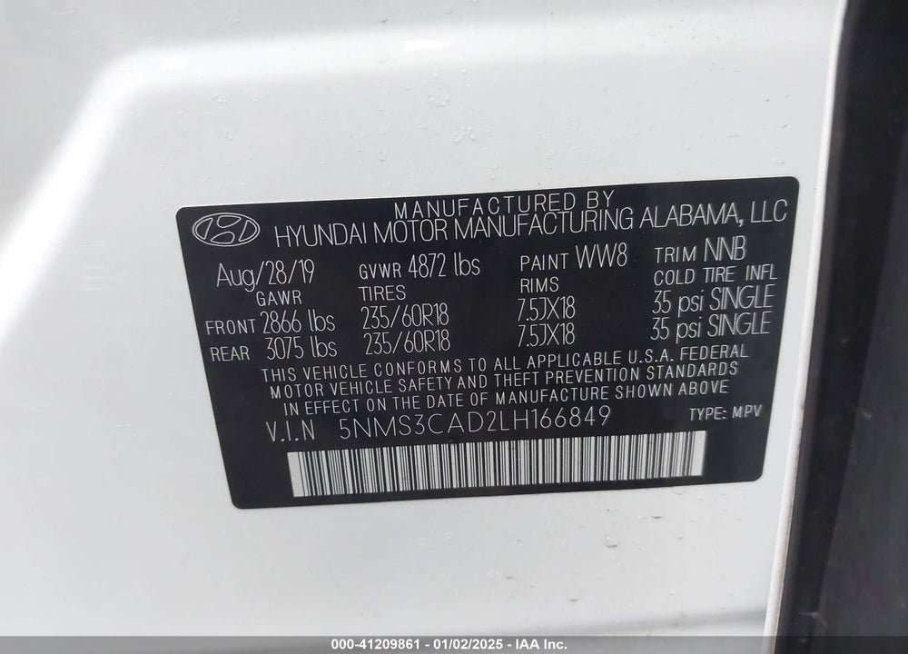2020 HYUNDAI SANTA FE SEL/SEL PLUS VIN: 5NMS3CAD2LH166849