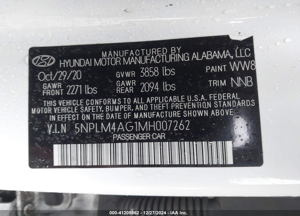 2021 HYUNDAI ELANTRA VIN: 5NPLM4AG1MH007262