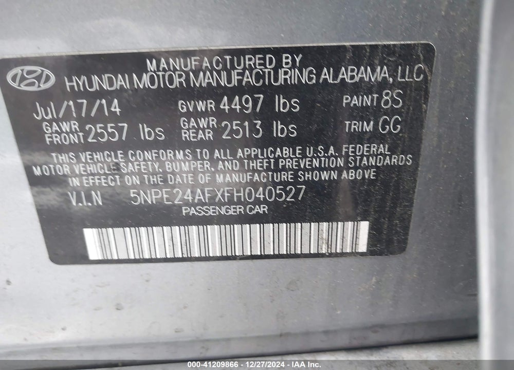 2015 HYUNDAI SONATA SE VIN: 5NPE24AFXFH040527