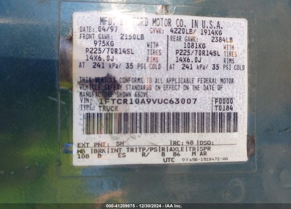 1997 FORD RANGER SPLASH/XL/XLT VIN: 1FTCR10A9VUC63007