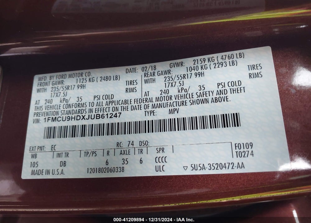 2018 FORD ESCAPE SEL VIN: 1FMCU9HDXJUB61247