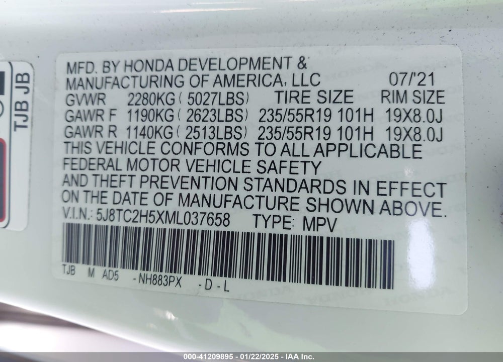2021 ACURA RDX TECHNOLOGY PACKAGE VIN: 5J8TC2H5XML037658