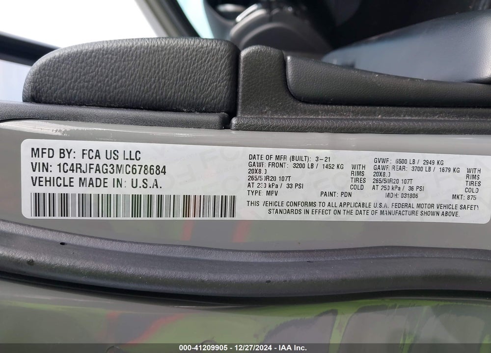 2021 JEEP GRAND CHEROKEE LAREDO VIN: 1C4RJFAG3MC678684