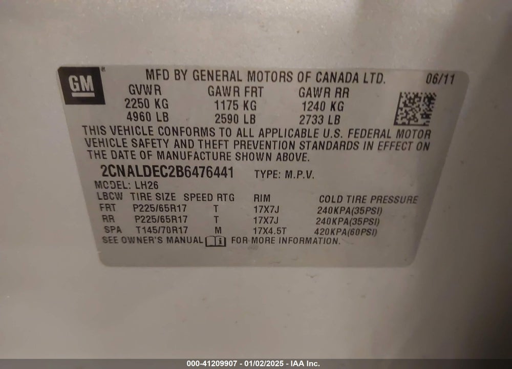 2011 CHEVROLET EQUINOX LT VIN: 2CNALDEC2B6476441