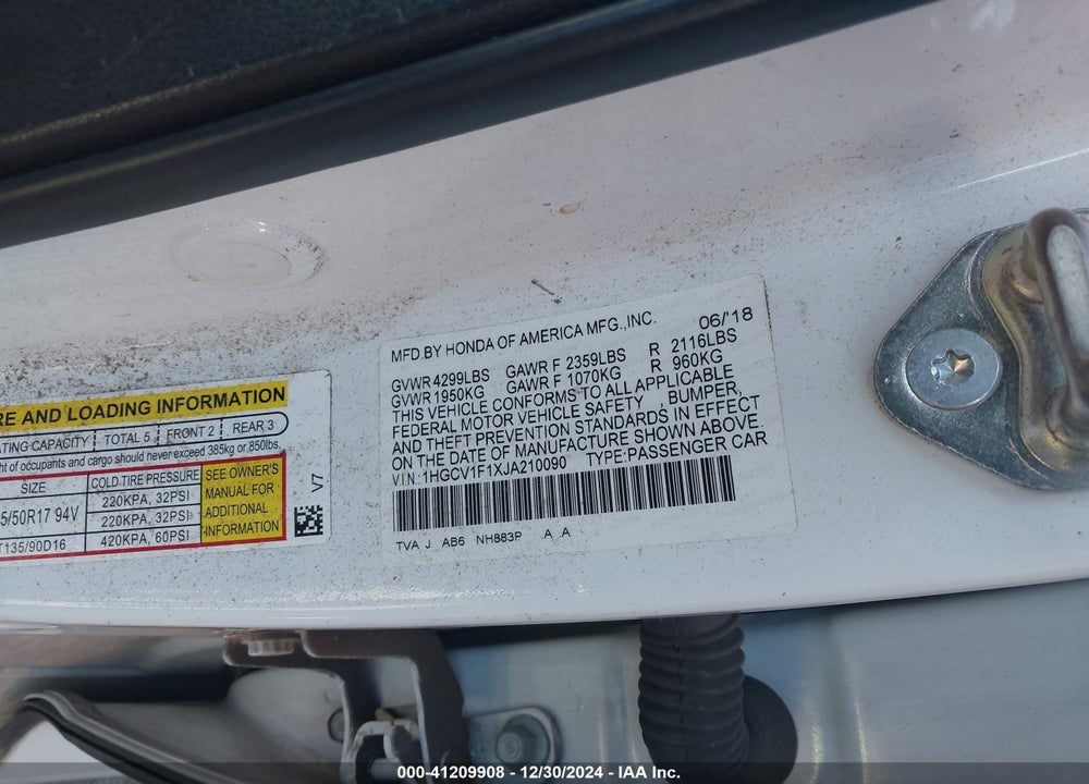 2018 HONDA ACCORD VIN: 1HGCV1F1XJA210090
