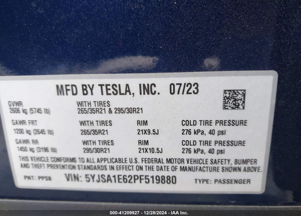 2023 TESLA MODEL S PLAID TRI MOTOR ALL-WHEEL DRIVE VIN: 5YJSA1E62PF519880