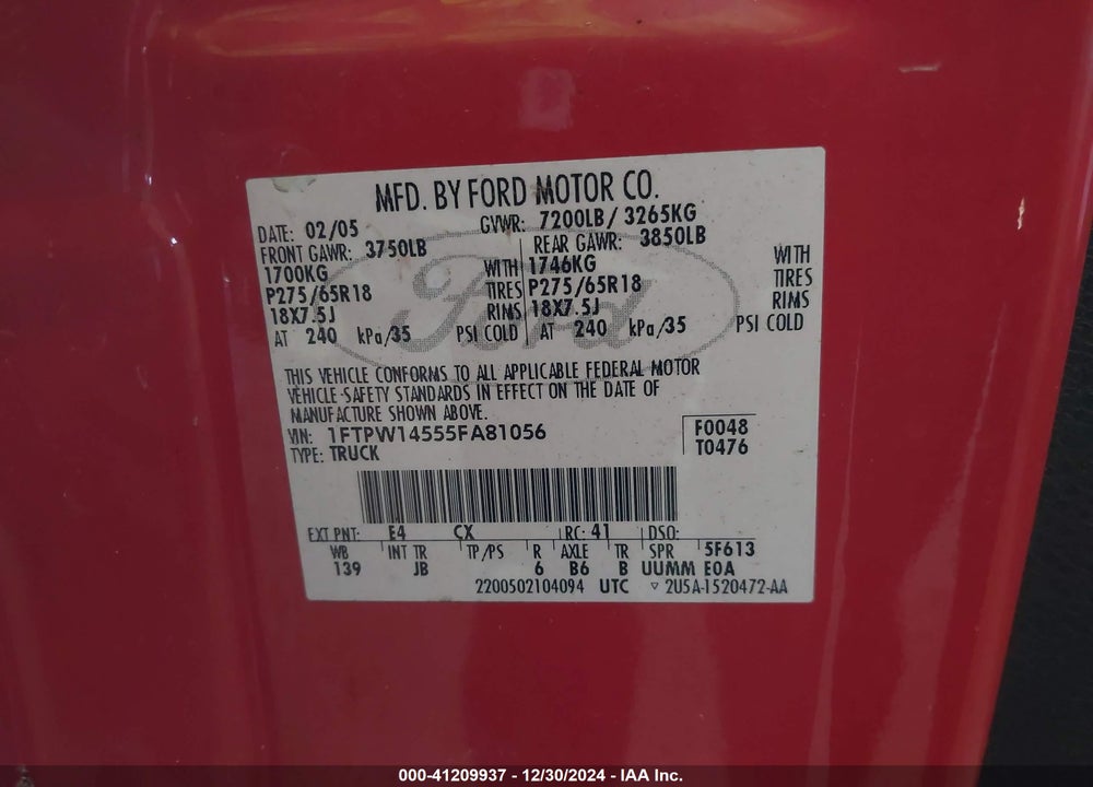 2005 FORD F150 SUPERCREW VIN: 1FTPW14555FA81056