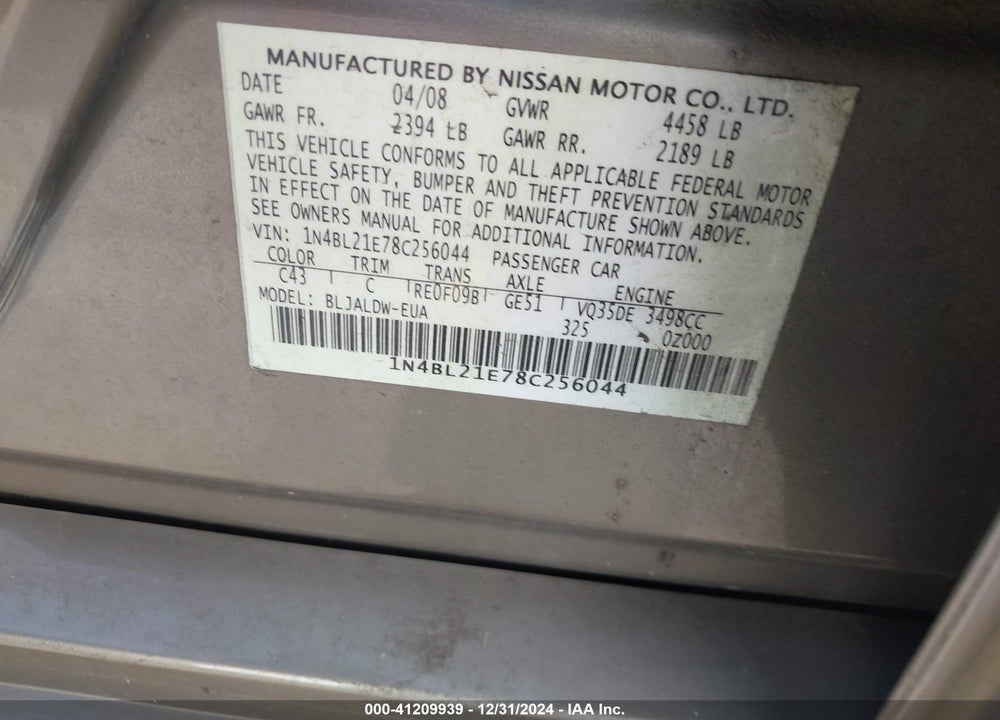 2008 NISSAN ALTIMA 3.5 SE VIN: 1N4BL21E78C256044