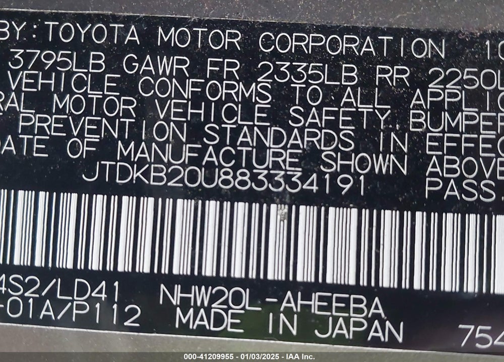 2008 TOYOTA PRIUS VIN: JTDKB20U883334191