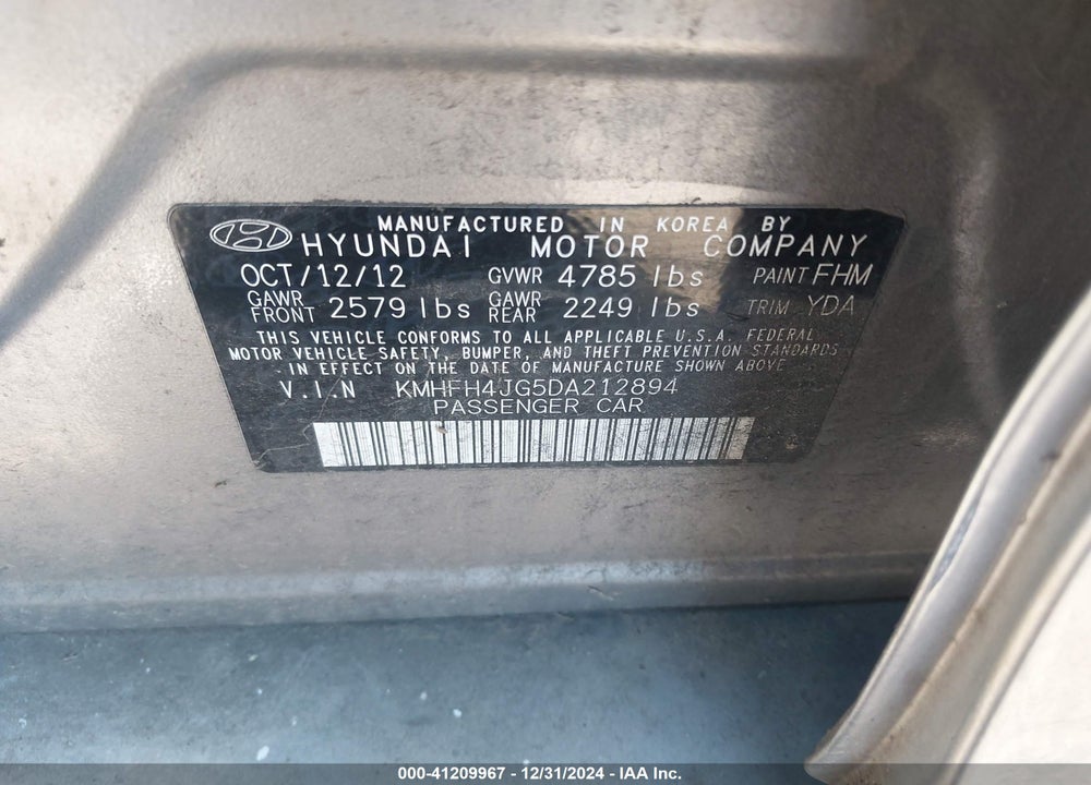 2013 HYUNDAI AZERA GLS/LIMITED VIN: KMHFH4JG5DA212894