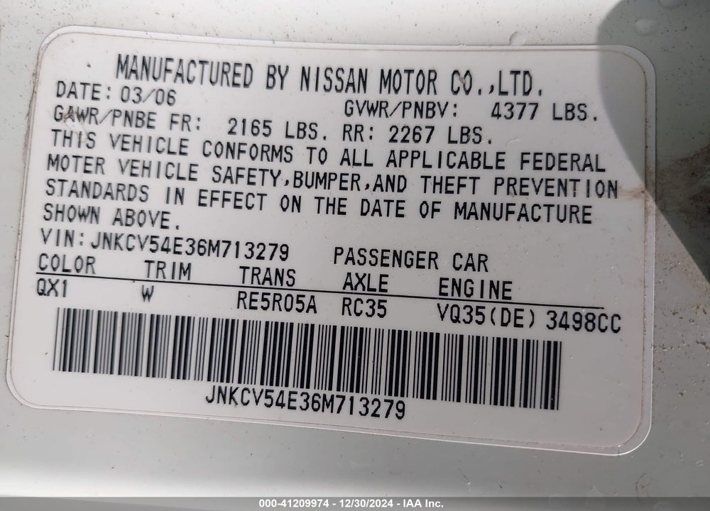 2006 INFINITI G35 VIN: JNKCV54E36M713279
