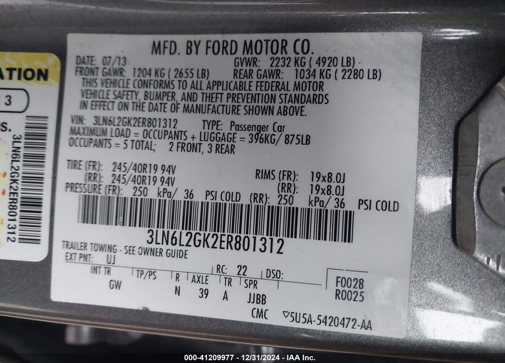 2014 LINCOLN MKZ VIN: 3LN6L2GK2ER801312