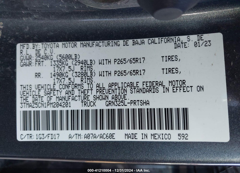 2023 TOYOTA TACOMA DOUBLE CAB/SR5/TRD SPORT/TRD OFF ROAD VIN: 3TMAZ5CN1PM204201