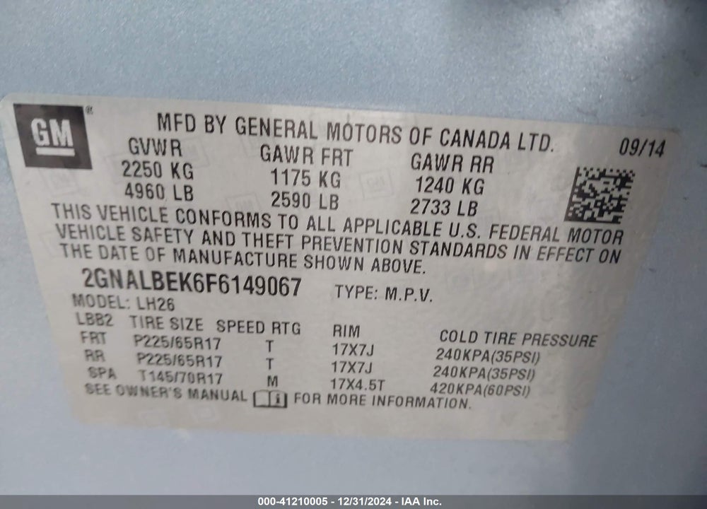 2015 CHEVROLET EQUINOX LT VIN: 2GNALBEK6F6149067
