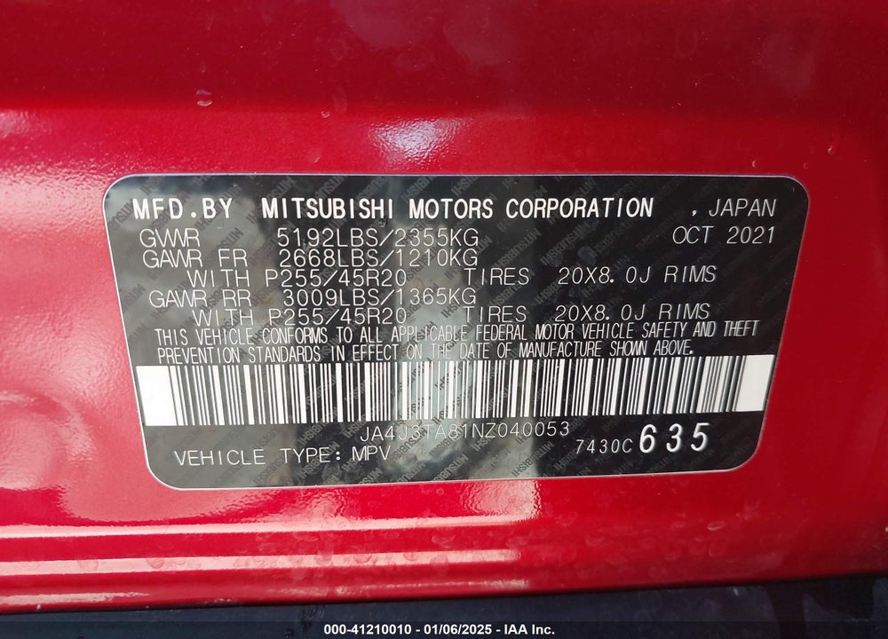 2022 MITSUBISHI OUTLANDER ES VIN: JA4J3TA81NZ040053