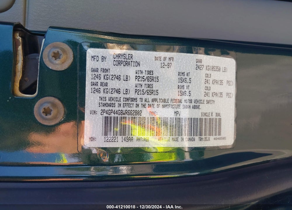 1998 PLYMOUTH GRAND VOYAGER SE/EXPRESSO VIN: 2P4GP44G8WR662802