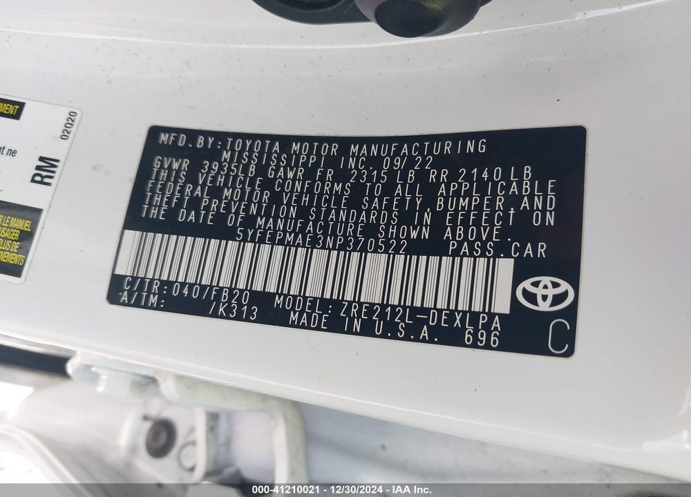 2022 TOYOTA COROLLA VIN: 5YFEPMAE3NP370522