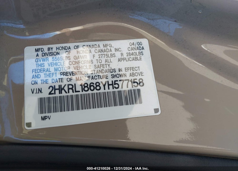 2000 HONDA ODYSSEY EX VIN: 2HKRL1868YH577158