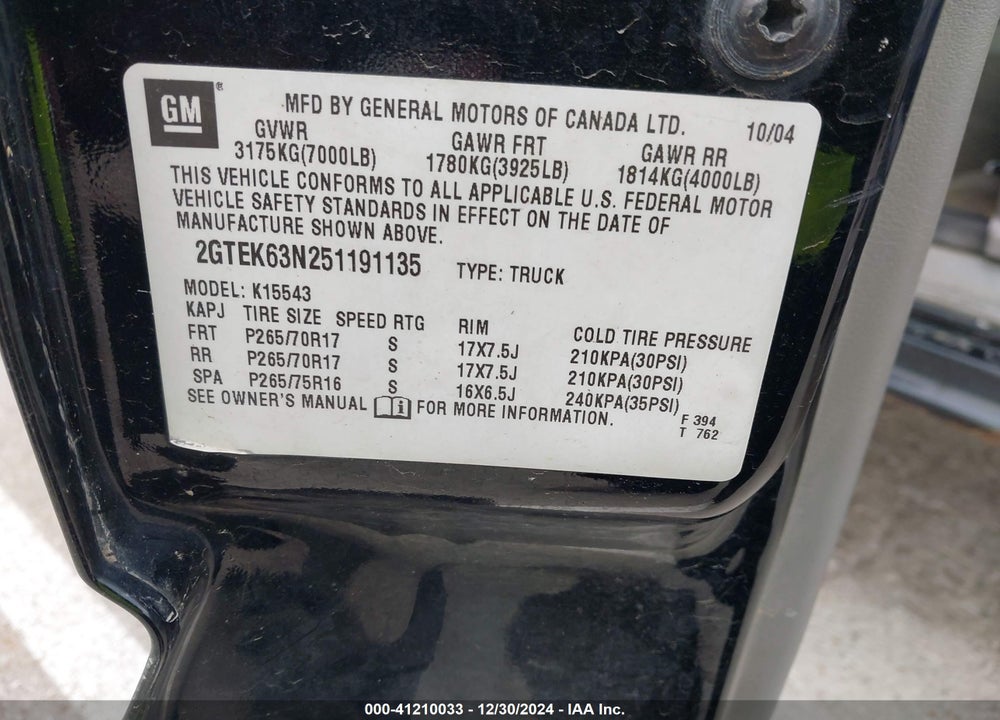 2005 GMC SIERRA 1500 DENALI VIN: 2GTEK63N251191135