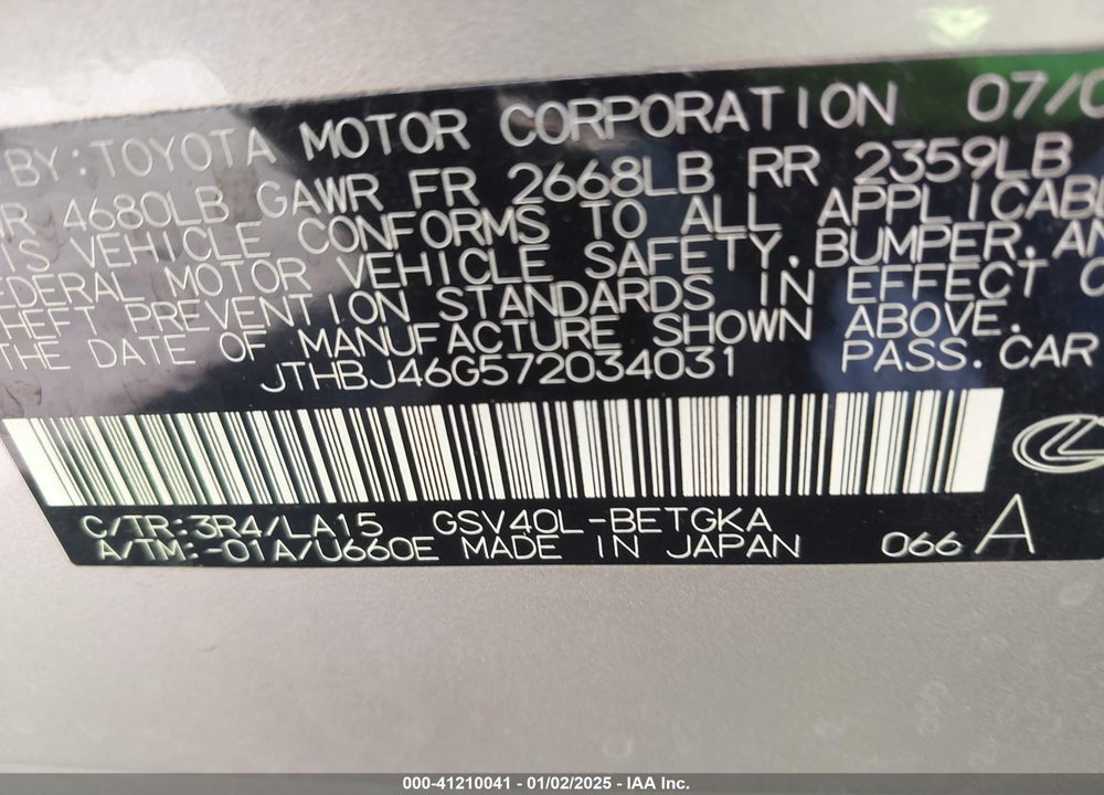 2007 LEXUS ES 350 VIN: JTHBJ46G572034031