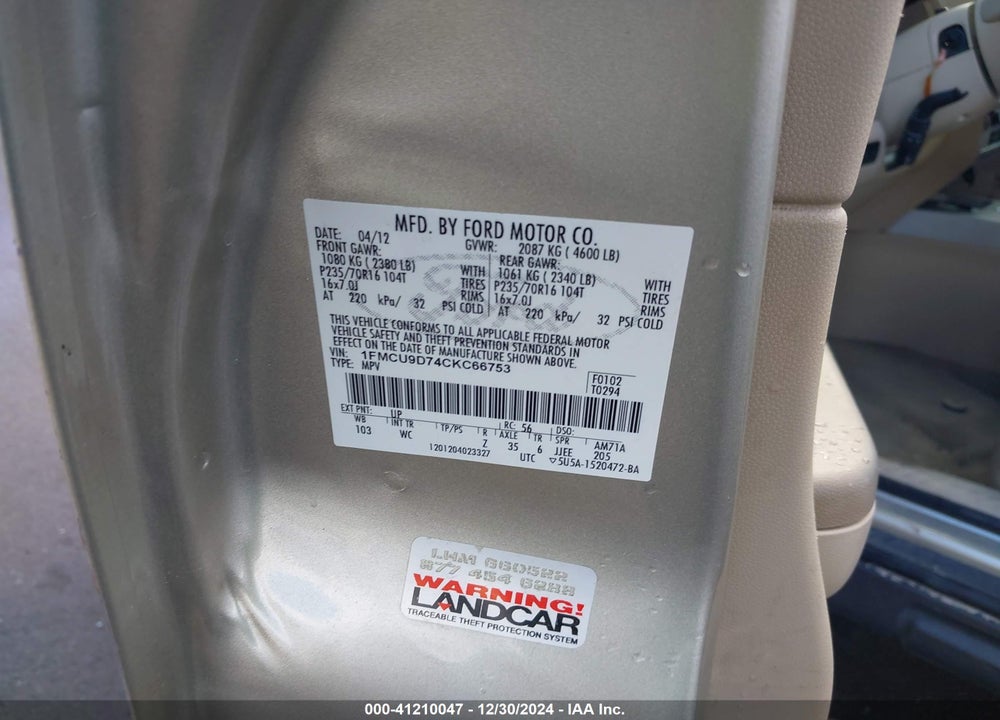 2012 FORD ESCAPE XLT VIN: 1FMCU9D74CKC66753