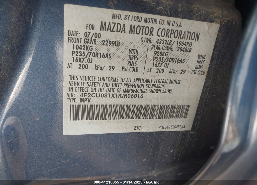 2001 MAZDA TRIBUTE ES V6/LX V6 VIN: 4F2CU081X1KM06016
