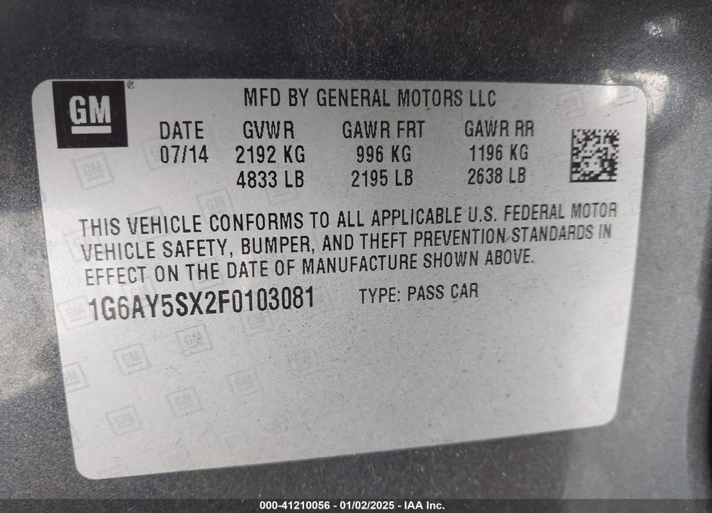 2015 CADILLAC CTS PERFORMANCE VIN: 1G6AY5SX2F0103081