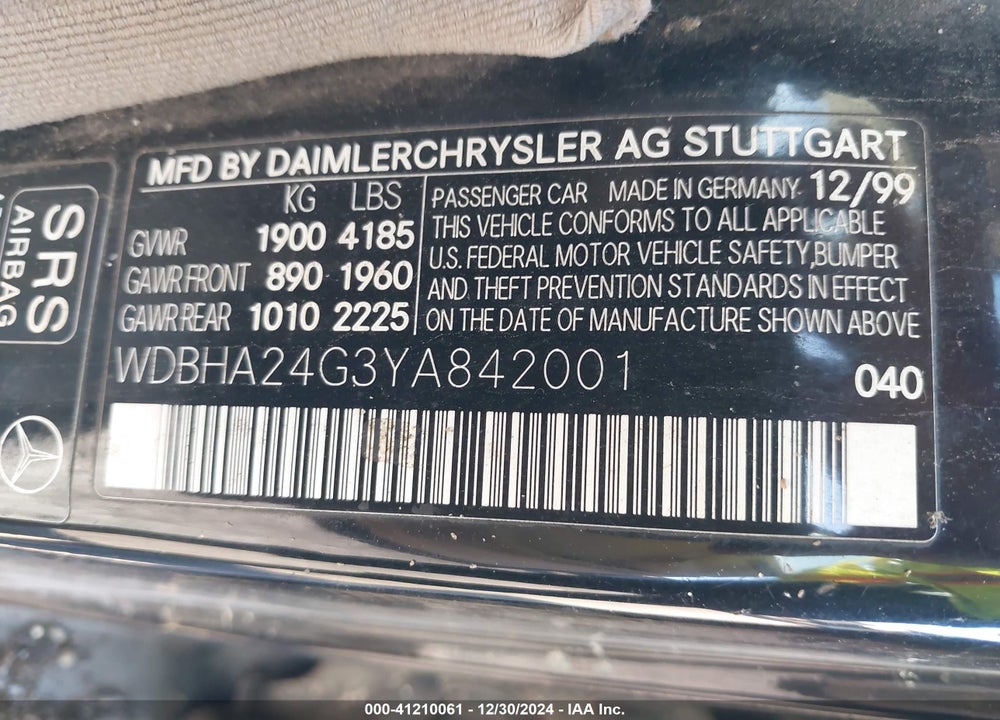 2000 MERCEDES-BENZ C-CLASS KOMPRESSOR VIN: WDBHA24G3YA842001