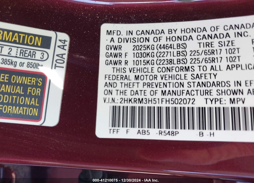 2015 HONDA CR-V EX VIN: 2HKRM3H51FH502072