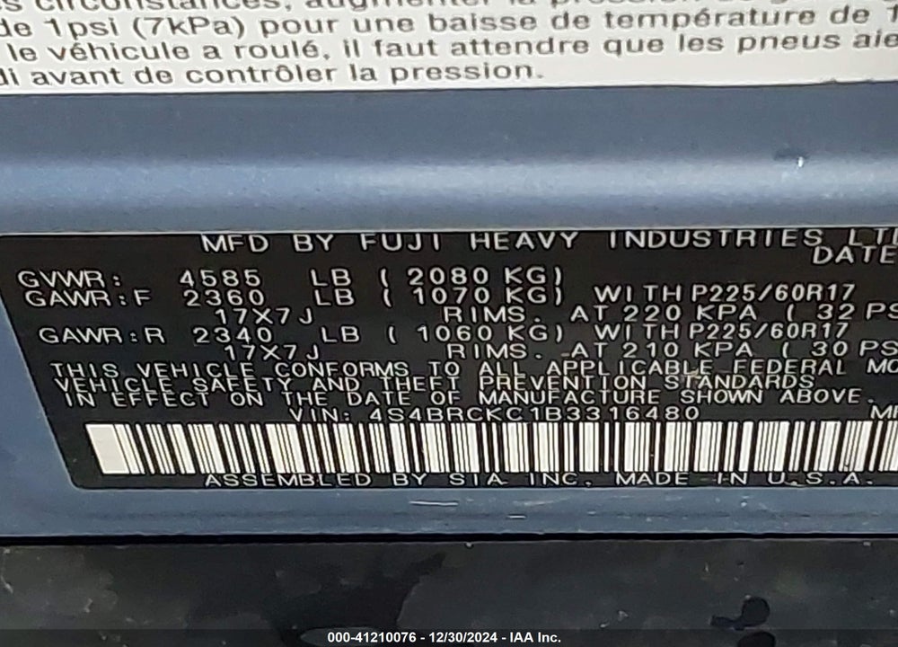 2011 SUBARU OUTBACK 2.5I LIMITED VIN: 4S4BRCKC1B3316480