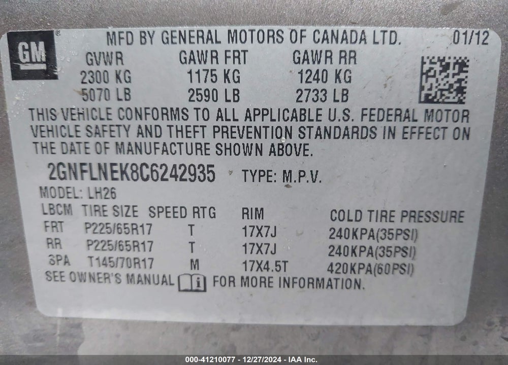 2012 CHEVROLET EQUINOX 2LT VIN: 2GNFLNEK8C6242935
