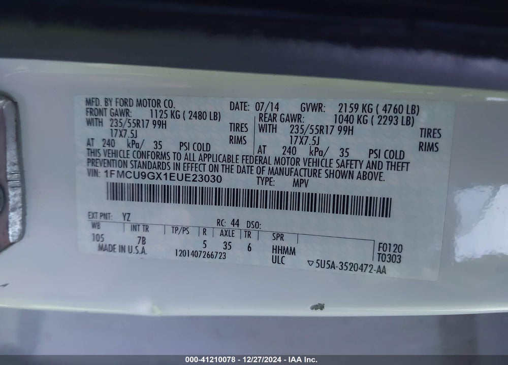 2014 FORD ESCAPE SE VIN: 1FMCU9GX1EUE23030