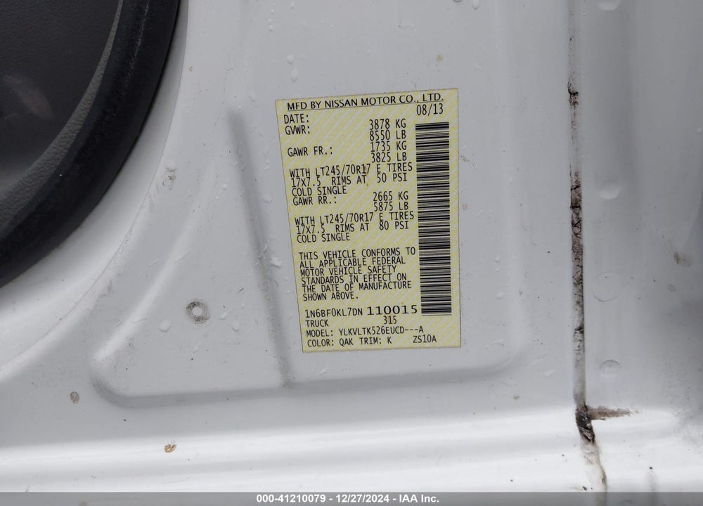 2013 NISSAN NV CARGO NV1500 SV V6 VIN: 1N6BF0KL7DN110015